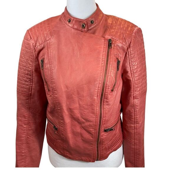 Guess Pink/Red Faux Leather Moto Jacket with Asymmetrical Zipper Size Small - Picture 11 of 15